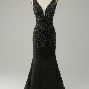 Black Mermaid Deep V Neck Lace Long Party Dress with Beading
