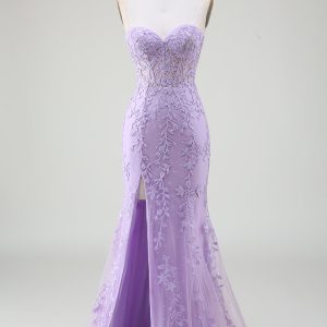 Light Purple Mermaid Sweetheart Lace Corset Long Prom Dress with Slit