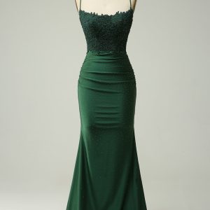 Dark Green Mermaid Spaghetti Straps Long Prom Dress with Beading