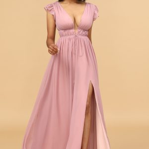 Blush A Line V-Neck Long Chiffon Bridesmaid Dress with Slit