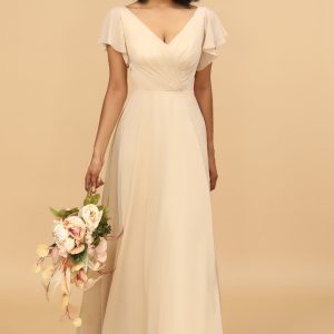 Champagne A Line Long Chiffon Bridesmaid Dress with Cap Sleeves