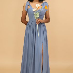 Grey Blue A Line Floor Length Chiffon Bridesmaid Dress with Slit