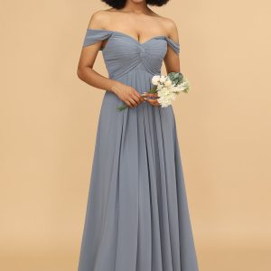 Grey Blue A Line Off the Shoulder Long Chiffon Bridesmaid Dress