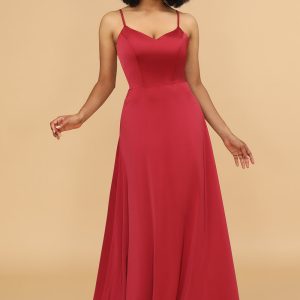 Red A Line Spaghetti Straps Floor Length Satin Bridesmaid Dress