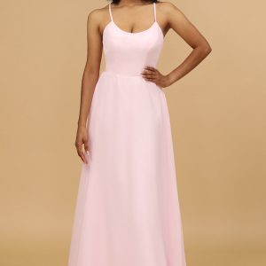 Pink Sheath/Column Spaghetti Straps Long Chiffon Bridesmaid Dress