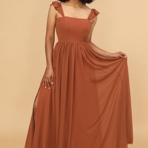 Terracotta A-Line Floor Length Chiffon Bridesmaid Dress With Ruffles