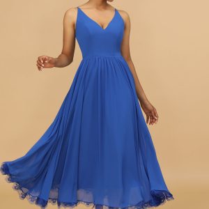 Royal Blue A Line Spaghetti Straps Long Chiffon Bridesmaid Dress with Ruffles