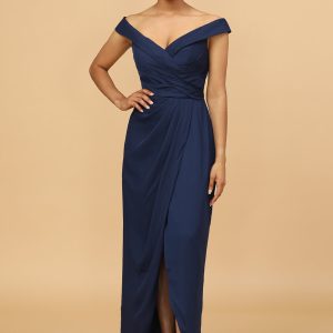 Navy Sheath/Column Off The Shoulder Satin Bridesmaid Dress