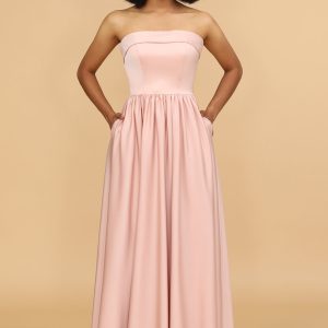Blush Pink A Line Strapless Satin Long Bridesmaid Dress