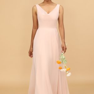 Blush A Line V Neck Chiffon Long Bridesmaid Dress