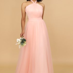 Blush A Line Halter Floor Length Tulle Bridesmaid Dress