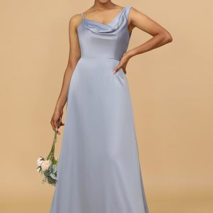 Grey Blue A Line Asymmetrical Neck Satin Long Bridesmaid Dress