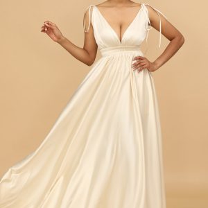 Ivory A Line Deep V-Neck Backless Long Bridesmaid Dress