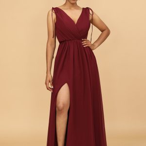 Burgundy V-Neck Ruched Long Chiffon Bridesmaid Dress