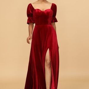 A Line Sweetheart Flare Sleeves Velvet Bridesmaid Dress with Slit