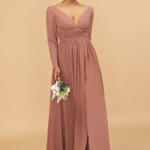 Blush V-Neck Long Sleeves Chiffon Bridesmaid Dress with Slit