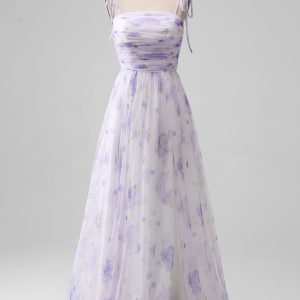 Lavender Flower A-Line Spaghetti Straps Print Long Bridesmaid Dress