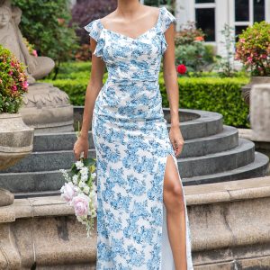 White Blue Flower Sheath Backless Long Bridesmaid Dress with Slit