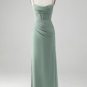 Grey Green Mermaid Spaghetti Straps Corset Long Bridesmaid Dress with Slit