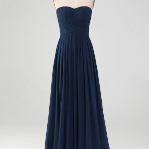 Navy A Line Sweetheart Pleated Floor Length Bridesmaid Dress