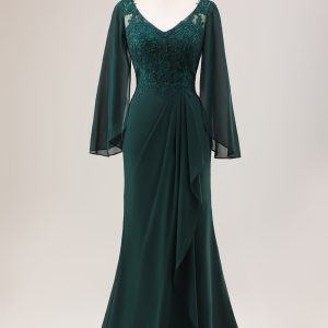 Dark Green Mermaid V Neck Beaded Mother of the Bride Dress With Long Sleeves