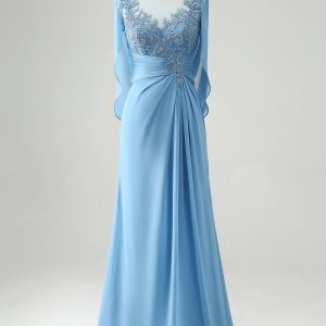 Blue Mermaid Beaded Cap Sleeves Mother of the Bride Dress with Appliques