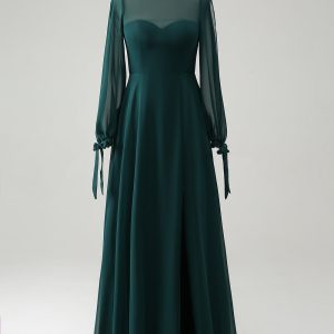 Dark Green A Line Bateau Neck Long Sleeves Chiffon Long Bridesmaid Dress with Slit