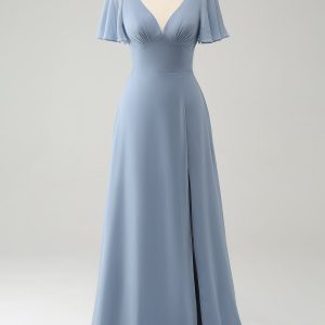 Grey Blue A Line Puff Chiffon Long Bridesmaid Dress with Hollow Out Back