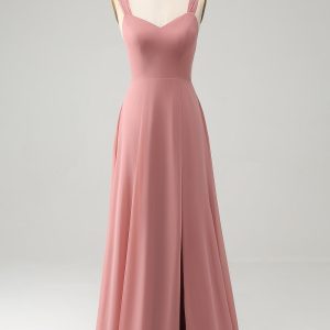 Brick Red A Line Spaghetti Straps Pleated Long Bridesmaid Dress with Slit