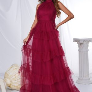 Burgundy A Line Halter Tiered Tulle Long Prom Dress