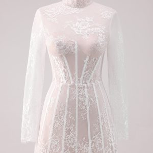 White Lace A Line High Neck Corset Short Homecoming Dress with Long Sleeves