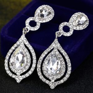 Bridal Wedding White Crystal Teardrop Pendant Earrings
