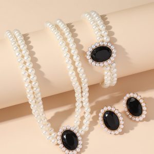 Black Choker Necklace & Elegant Pearl Stud Earrings 3pcs Jewelry Set For Women