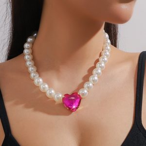 Fuchsia Faux Pearl Decor Heart Pendant Necklace
