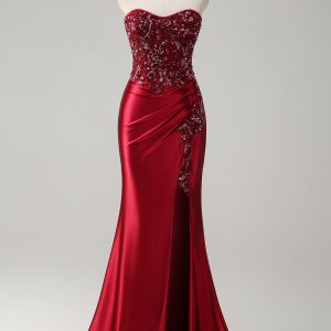 Burgundy Mermaid Strapless Sequins Beaded Satin Long Prom Dress with Slit