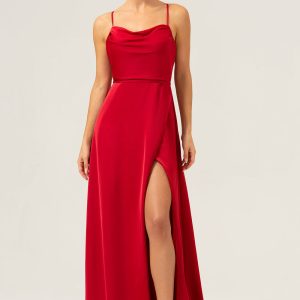 Burgundy A Line Cowl Neck Long Satin Bridesmaid Dress with Slit