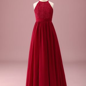 Burgundy A Line Round Neck Sleeveless Junior Bridesmaid Dress