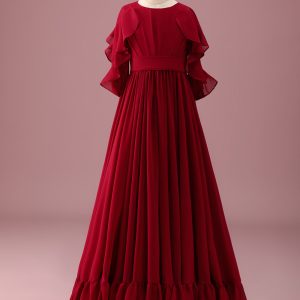 Burgundy A-Line Round Neck Chiffon Half Sleeves Long Junior Bridesmaid Dress
