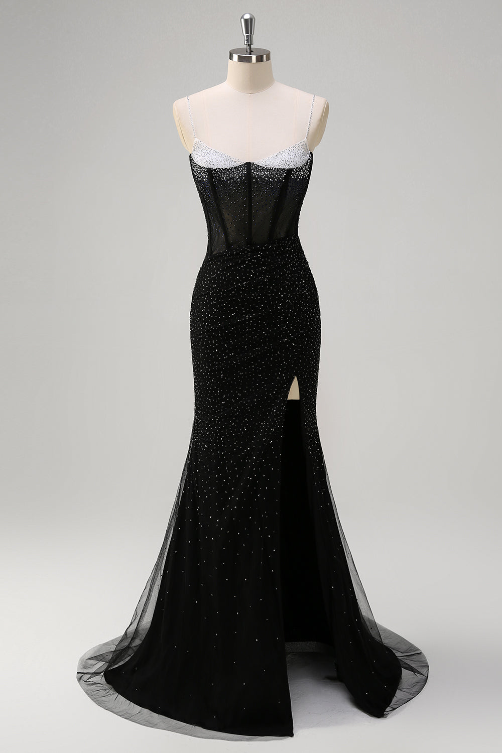 Sparkly Black Mermaid Spaghetti Straps Corset Long Beaded Prom Dress with High Slit