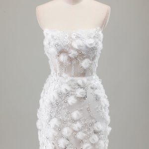 Sparkly Ivory Strapless Beaded Short Tight Wedding Dress with Appliques