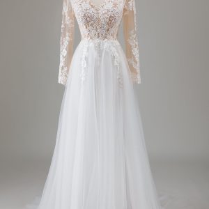 Ivory A Line V-Neck Long Sleeves Appliqued Wedding Dress with Slit