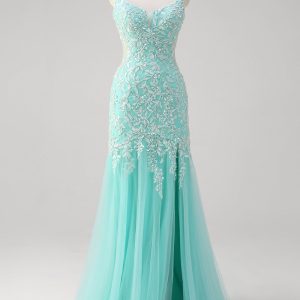 Sparkly Mint Mermaid Appliques Lace Sequin Long Prom Dress with Tulle Slit