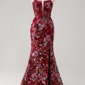Sparkly Burgundy Mermaid Sequins Embroidered Prom Dress with Slit