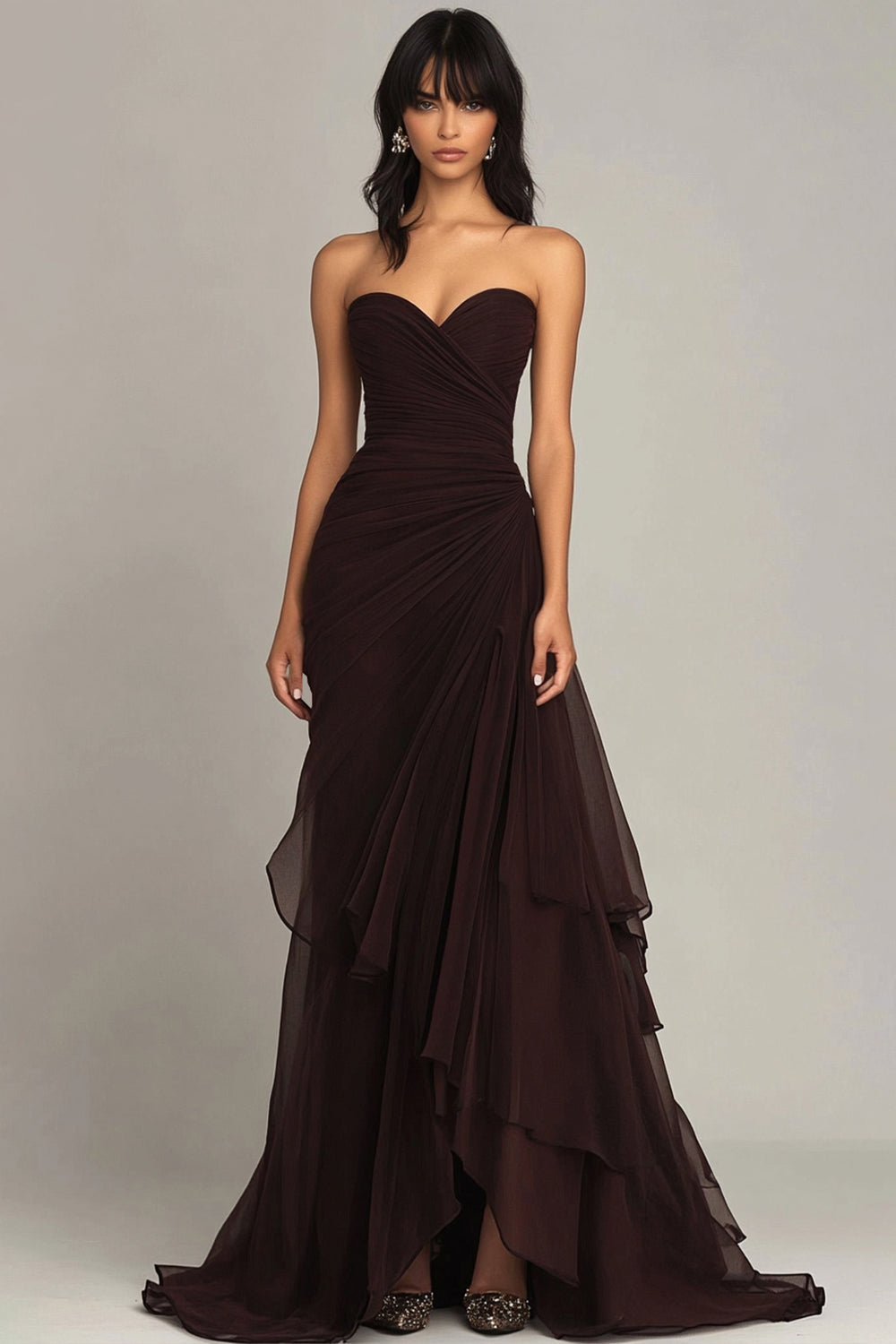Dark Brown Sweetheart Ruched Ruffled Long Formal Dress