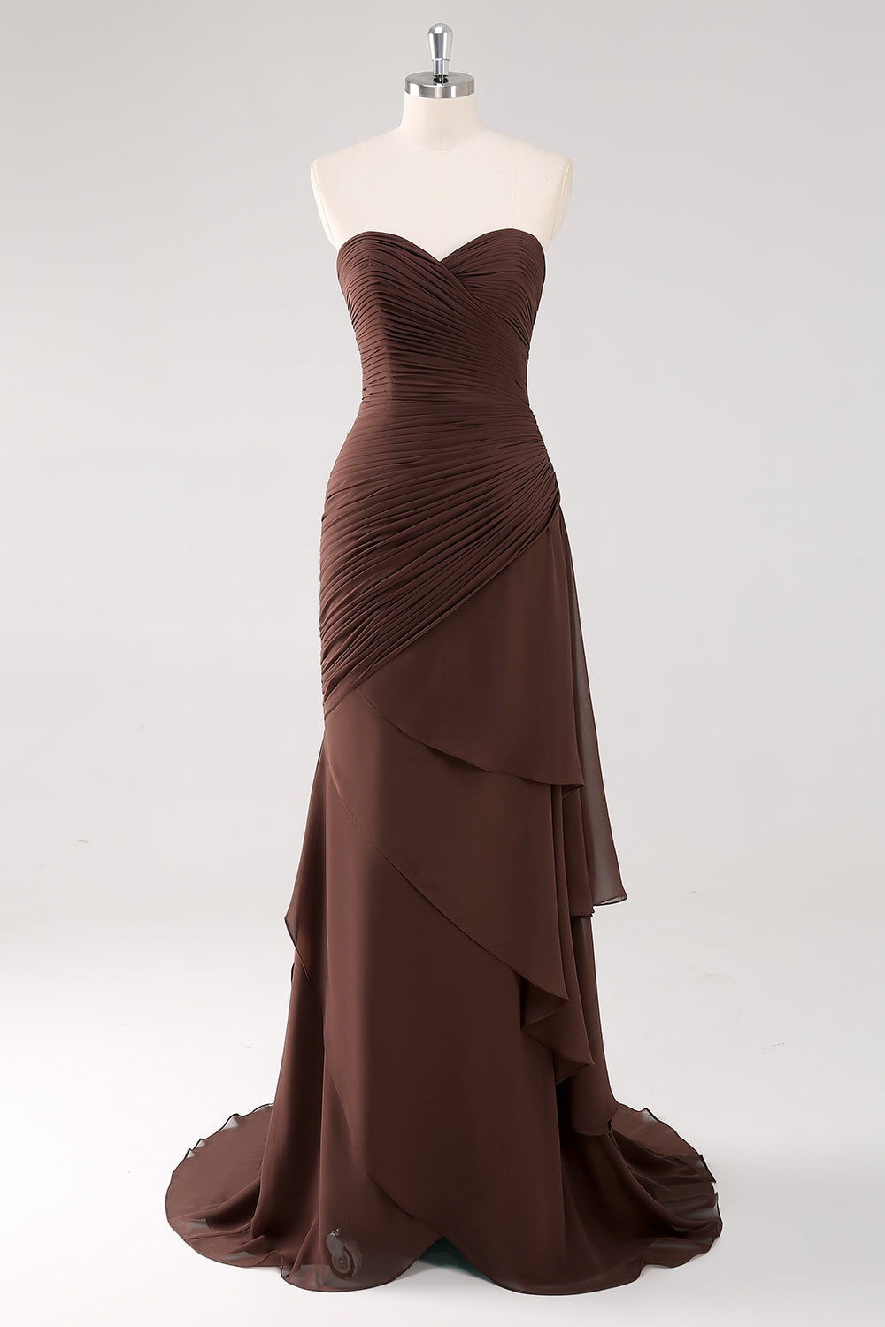 Dark Brown A-Line Sweetheart Ruched Ruffled Long Formal Dress with Slit