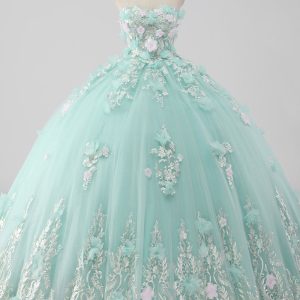 Princess Mint Ball Gown Strapless Tulle Quinceanera Dress with 3D Flowers