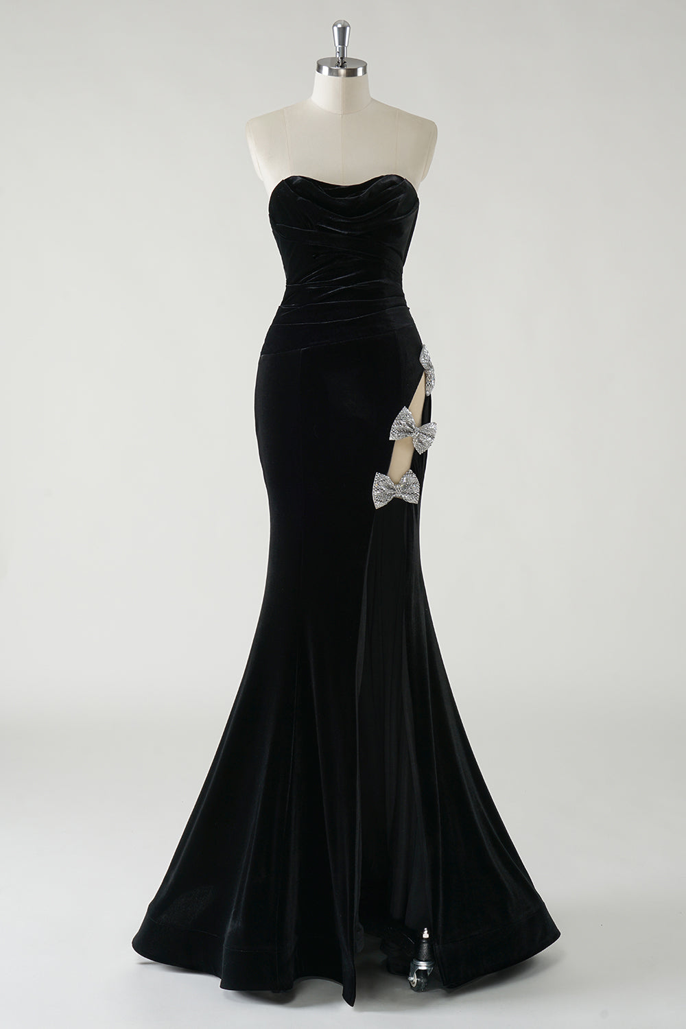Sparkly Black Mermaid Strapless Velvet Bows Long Prom Dress With High Slit