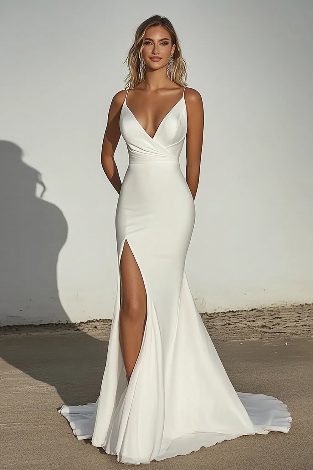 Mermaid Ivory Spaghetti Straps Long Wedding Dress With Slit