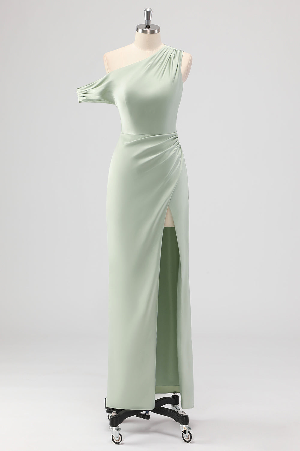 Sage Green Sheath One Shoulder Satin Ruched Long Bridesmaid Dress with Slit
