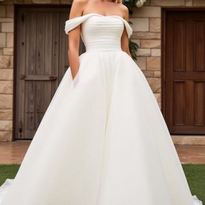 Ivory Off The Shoulder Satin Long Wedding Dress